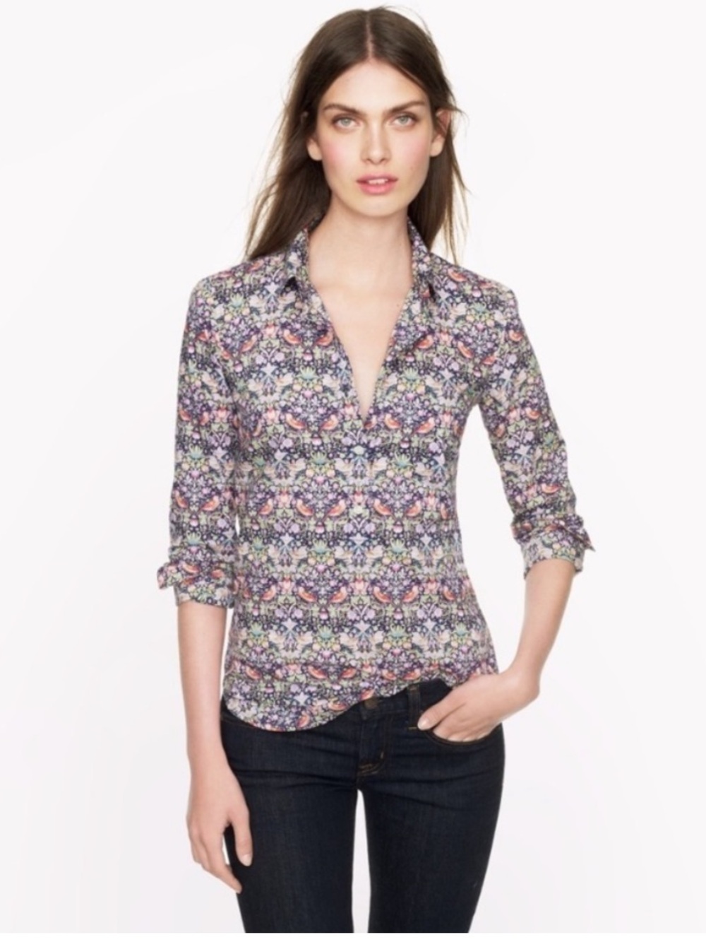 J. Crew Liberty of London Strawberry Thief Cotton Popover Tunic Blouse Top Size